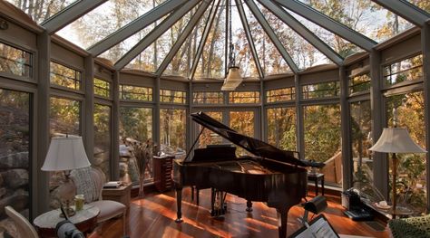 Woodland Retreat Aluminum Conservatory Piano Sunroom, Piano Home, Grand Piano Room, Piano Living Rooms, Woodland Retreat, Screening Room, Music House, Piano Room, Forest View