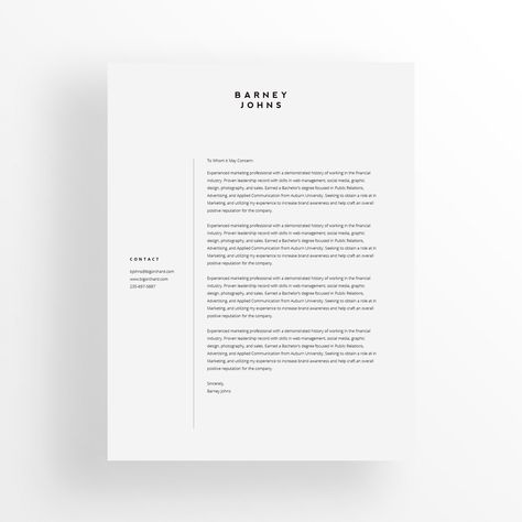 "Elegantly strike your final pitch to hiring managers with this super minimal cover letter template. The clean design is professional and practical, with the goal intention of keeping your name at the top of the pile.  INCLUDED IN ORDER US Letter 8.5\" x 11\" Cover Letter Template (Microsoft Word + Mac Pages + Google Docs + InDesign) A4 8.3\" x 11.7\" Cover Letter Template (Microsoft Word + Mac Pages + Google Docs) Font File **Used for Name Header (optional) FREE OPEN SANS FONT DOWNLOAD (optiona Modern Cover Letter, Simple Document Design, Fashion Cover Letter, Architecture Cover Letter, Minimalist Document Design, Minimalist Letterhead Design, Cover Letter Graphic Design, Graphic Designer Cover Letter, Simple Cover Page Design