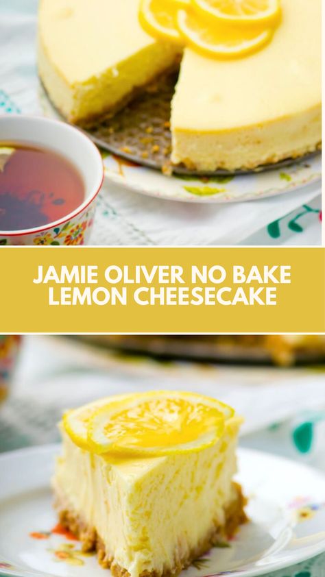 Jamie Oliver No Bake Lemon Cheesecake is made with cream cheese, graham cracker crumbs, lemon zest, fresh squeezed lemon juice, powdered icing sugar, vanilla extract, and heavy whipping cream. This easy No Bake Lemon Cheesecake recipe creates a dessert that takes about 6 hours to prepare, including setting time, and can serve up to 8 people. Cream Cheese And Lemon Desserts, Jamie Oliver Cheesecake, No Bake Lemon Cheesecake Bars 12 Tomatoes, No Bake Lemon Cheesecake Recipes, Cheesecake Recipes Lemon, Lemon No Bake Cheesecake, Lemon Cheesecake No Bake, Easy Cheesecake Recipes No Bake, Easy No Bake Lemon Cheesecake