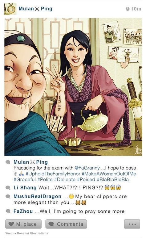 Mulan [also as Ping (x3) feat. Grandmother Fa, Shang, Yao, Ling & Chien-Po] (Facebook by SimonAbonafiniArtwork @Facebook) #Mulan Fan Art Disney, Citate Harry Potter, Animation Disney, Funny Disney, Disney Instagram, Film Disney, Modern Disney, Art Disney, Disney Memes