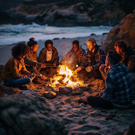 Cozy Beach Bonfire: Friends gather around a warm bonfire on a sandy beach during a serene evening twilight. #beach #bonfire #friends #gathering #twilight #warmth #cozy #evening #aiart #aiphoto #stockcake https://ayr.app/l/Esxa Friends Bonfire, Bonfire Friends, Beach Campfire, Twilight Beach, Bonfire Beach, Friends On The Beach, Summer Bonfire, Beach Fire, Roses Book