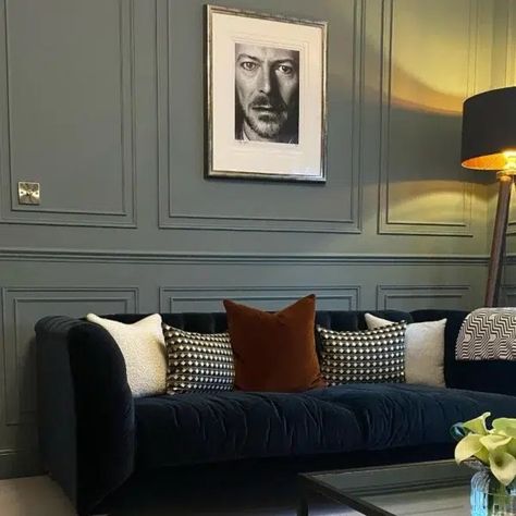 De Nimes By Farrow And Ball - Stillorgan Decor Blue Sofa Living, Velvet Sofa Living Room, Living Room Panelling, Cosy Living Room, Blue Living Room, Living Room Inspo, Velvet Sofa, Lounge Room, Blue Walls