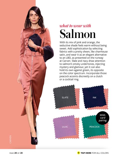 salmon + slate/ink/lilac/peacock InStyle Color Crash Course-  #whattowearwith Colored Sneakers Outfit, Salmon Outfit, Color Crash Course, Instyle Color Crash Course, Colored Sneakers, Colour Combinations Fashion, Color Combos Outfit, Mode Tips, Color Combinations For Clothes