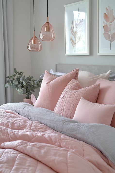 Pink and grey bedrooms offer a stylish and sophisticated look that's perfect for teens. Explore 25 ideas featuring playful patterns, bold accents, and cool lighting. From modern farmhouse to boho chic, create a space that reflects their unique personality. Pink And Gray Bedding, Gray Pink And White Bedroom, Blush Pink And Grey Bedroom, Grey And Pink Bedroom Ideas, Pink Grey Bedroom, Pink And Gray Bedroom, Pink And Grey Bedroom Ideas, Pink And Grey Bedroom, Bedroom Ideas For Teens