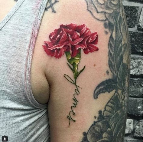 This carnation is beautiful Butterfly And Carnation Tattoo, Carnation Flower Tattoo Color, Carnation Tattoo Color, Red Carnation Tattoo, Ap Tattoo, Lisa Tattoo, Carnation Flower Tattoo, Grandma Tattoo, Carnation Tattoo