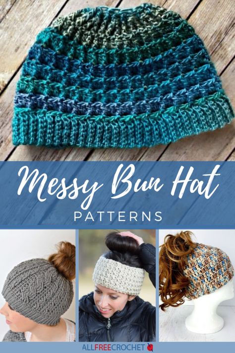 These ponytail hat patterns are easy to work up and come in all colors and yarn weights, from worsted weight up through super bulky! Crochet bun hats are very similar to normal crochet beanie patterns, but there's a hole at the top of the hat for you to pull your ponytail or your bun through. This way you can still wear your hair up and out of your face underneath a warm and cozy winter crochet hat! Take a look around, find your next favorite bun hat and join in the craze. Crochet Messy Bun Hat Pattern Free, Crochet Ponytail Beanie, Diy Crochet Headband, Crochet Messy Bun Hat, Crochet Ponytail Hat Pattern, Messy Bun Hat Crochet Pattern, Ponytail Hat Pattern, Bun Hat Crochet Pattern, Crochet Bun Hat