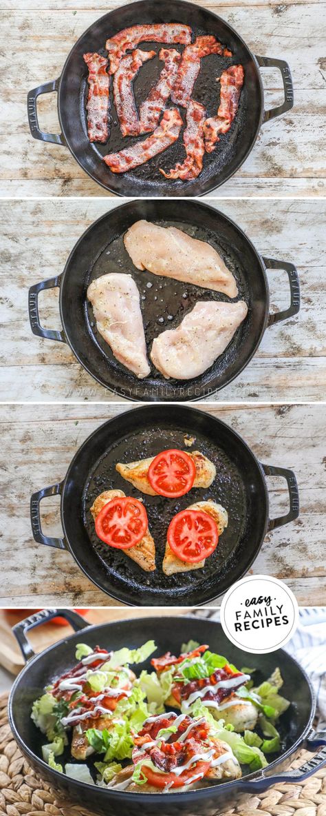 This BLT chicken skillet is all of your favorite BLT sandwich flavors as a wholesome, low-carb, high-protein meal! It's made with juicy pan-seared chicken topped with tomato, lettuce, crispy bacon, and Ranch dressing. Serve on its own, as a traditional sandwich, over a salad, you name it! It's quick, versatile, and so tasty! Healthy Blt, Blt Chicken, Classic Blt Sandwich, Asian Steak Bites, Creamy Pasta Bake, Chicken Skillet Recipes, Chicken Skillet, Blt Sandwich, Pan Seared Chicken