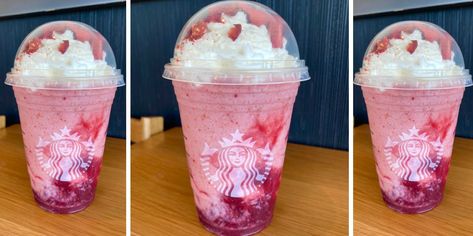 Here's How To Order A Strawberry Cheesecake Frappuccino From Starbucks Secret Menu Starbucks Strawberry Cheesecake Frap, Strawberry Cheesecake Starbucks Drink, Strawberry Shortcake Frappuccino, Strawberry Cheesecake Frappuccino, Starbucks Strawberry Frappuccino, Cinnamon Dolce Syrup, Cheesecake Smoothie, Starbucks Strawberry, Strawberry Cheesecake Recipe