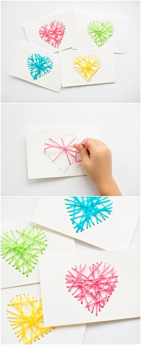 Make String Heart Yarn Cards. These make pretty handmade Valentine cards and are a great threading sewing activity for kids! String Heart, Sewing Activities, Hantverk Diy, Valentine Cards Handmade, Handmade Valentine, Mothers Day Crafts, Valentine Day Crafts, E Card, Valentine Crafts