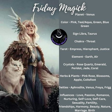 Credit: Crystal Moon Witchery Friday Magick Spells, Friday Correspondences, Friday Spells, Weekday Magick, Friday Magick, Friday Magic, Witches Grimoire, Friday The Thirteenth, Daily Magic