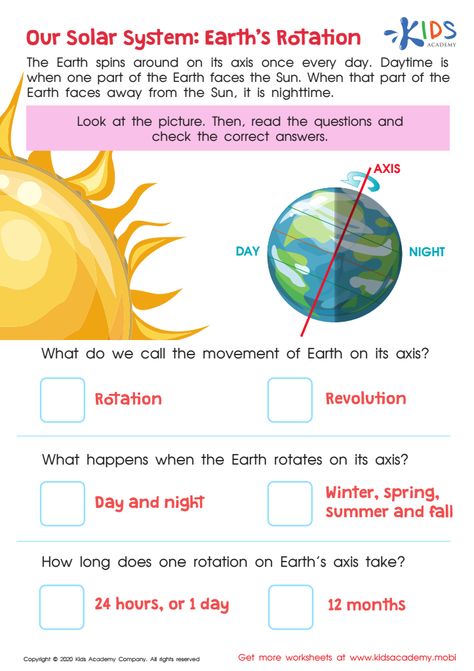 Interactive Our Solar System: Earth's Rotation Printable - Fun Worksheet With Check Answers Rotation And Revolution, Earth Rotation, Earth's Rotation, Solar System Worksheets, Seasons Worksheets, Elementary Worksheets, Free Worksheets For Kids, Earths Rotation, History Worksheets