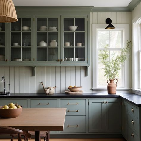 Brooke Talsma (@brookemtinteriors) • Instagram photos and videos 2024 Color Palette, Dwell Kitchen, Kitchen Wallpaper Ideas, Dreamy Kitchens, Black Countertop, Small Cottage Kitchen, Sage Green Kitchen, Kitchen Walls, Cabinet Color