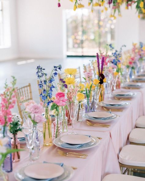 Table Flowers For Wedding Reception, Wild Flower Place Setting, Small Wedding Touches, Bright Color Wedding Decor, Bridgeton Wedding, Spring Wedding Table Decor, Floral Table Arrangements, Colorful Floral Wedding, Wildflower Wedding Theme