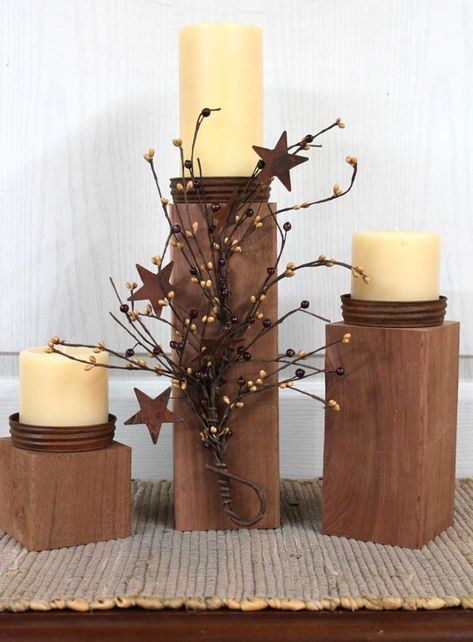 Primitive Crafts to Make | Primitive Decor Country Candle Holders Outdoor by ... | Crafts to make Country Candle Holders, Primitive Crafts To Make, Wood Pillars, Outdoor Candle Holders, Primative Decor, Country Candle, Primitive Homes, Wooden Candle Holders, Wooden Candles