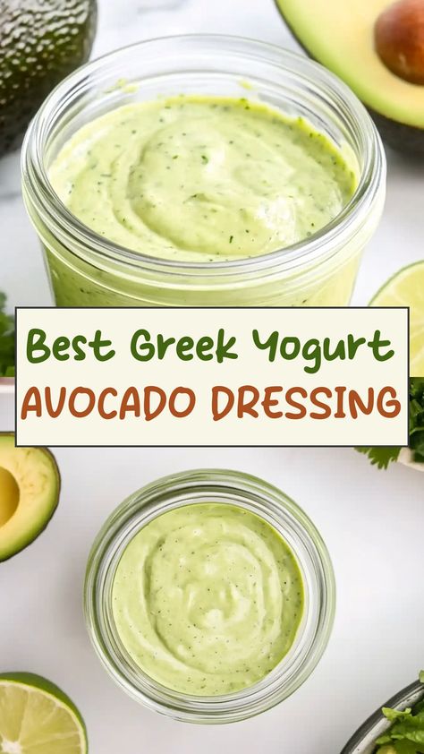 Indulge in a healthier salad option with this delicious Greek yogurt avocado dressing recipe! This creamy and flavorful dressing is the perfect way to elevate your favorite salads. Made with nutrient-packed ingredients like Greek yogurt and avocado, it's both nutritious and satisfying. Drizzle it over your salads for a burst of flavor that will leave you craving more. Say goodbye to store-bought dressings loaded with preservatives and hello to this homemade, wholesome alternative. Yogurt Avocado Dressing, Avocado Yogurt Sauce, Greek Yogurt Sandwich Spread, Avocado Dressing For Salad, Avocado Greek Yogurt Dressing, Curry Yogurt Dressing, Dressings With Greek Yogurt, Diet Dressing Recipes, Homemade Avocado Dressing