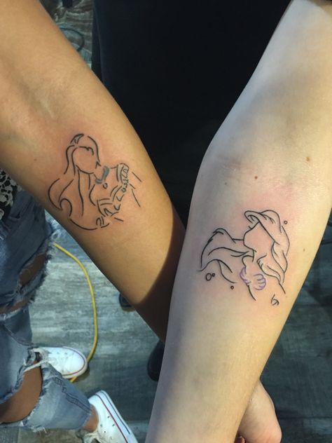 Ariel and pocahontas tattoos, silhouettes Disney Sister Tattoos, Ariel Tattoo, Sister Tat, Pocahontas Tattoo, Tattoo Disney, Sparrow Tattoo, Disney Princess Tattoo, Princess Tattoo, Disney Silhouette