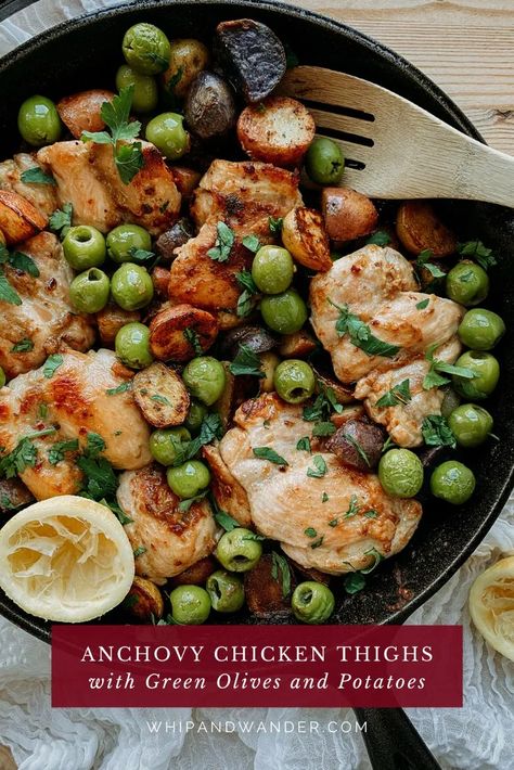 This Anchovy Chicken Thighs with Green Olives and Potatoes is one of our favorite cast-iron dinners in the fall and winter months. | whipandwander.com | #anchovychicken #chickenrecipes #chickenthighs #bonelesschickenthighs #chickenandolives #chickenandpotatoes #chickenthighrecipes #winterrecipes #fallrecipes #castironrecipes #castironcooking #castirondinners #castironchicken #onepandinner #onepanrecipes Dinner Ideas With Chicken Thighs, Amazing Dinner Ideas, List Of Dinner Ideas, Warm Recipes, Dinner Ideas With Chicken, Potato Dinner, Cast Iron Recipes, Citrus Chicken, Boneless Skinless Chicken Thighs