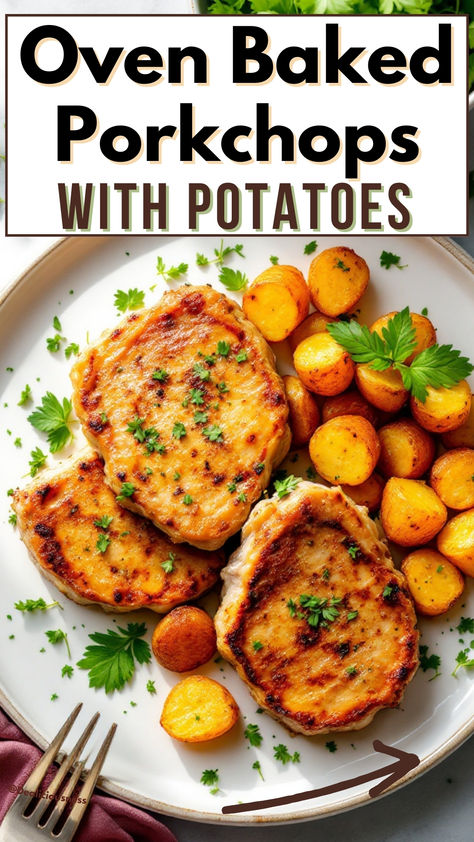 This oven baked pork chops and potatoes recipe is a simple, one-pan meal that's bursting with flavor! Juicy, golden-brown pork chops are seasoned with fresh rosemary, thyme, and garlic, and paired with crispy roasted potatoes. It’s an easy baked pork chop recipe that’s perfect for a quick, delicious dinner. Ready in under an hour, this will be your new go-to dish for family meals! Full Recipe At Dealiciousness.net #BakedPorkChopRecipe Pork Chop And Potato Recipes, Oven Baked Pork Chops With Gravy, Boneless Pork Chops And Potatoes In Oven, Pork Chop And Potatoes In Oven, Pork Chop Oven Recipes, Best Oven Baked Pork Chops, Baked Pork Chop Recipes, Baked Pork Chops And Potatoes, Easy Baked Pork Chop Recipes