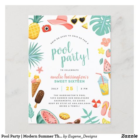 Tropical Pool Party, Summer Birthday Invitations, Summer Elements, Watermelon Ice Cream, Pool Party Birthday Invitations, Trendy Typography, Ice Lollies, Summer Party Invitations, 16th Birthday Invitations