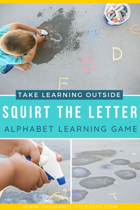 "Squirt the Letter" fun outdoor alphabet game - The Many Little Joys Alphabet Learning Games, Diy Kids Activities, Game For Preschoolers, Girls Activities, Learning Outside, Activities For 2 Year, Alphabet Game, Toddler Parenting, Diy Kids Crafts