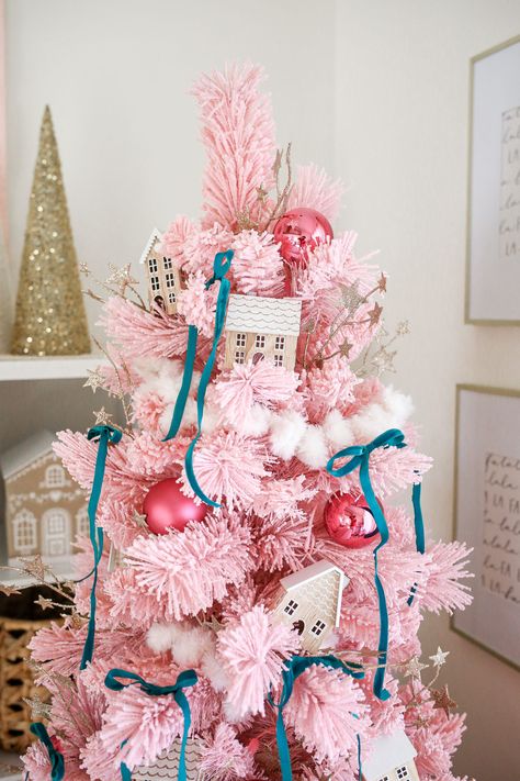 Christmas Playroom, Pink Christmas Theme, Barbie Tree, Goodbye July, Pink Xmas Tree, Pink Christmas Tree Decorations, Pink Christmas Decor Ideas, A Pink Christmas, Pink Christmas Decor