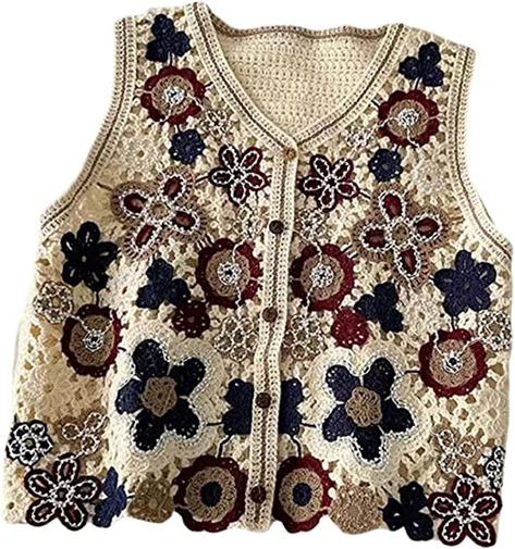 Crochet Knit Vest, Knit Embroidery, Crop Cardigan, Lace Vest, 70s Hippie, Hippie Costume, Vest Waistcoat, Bohemian Tops, Dress Blouse