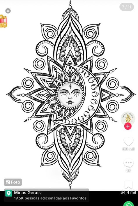 Sun Moon Mandala Tattoo, Sun And Moon Mandala Drawing, Mandala Sun And Moon Tattoo, Mandala Moon Tattoo, Sun Mandala Tattoo, Tattoo Sol E Lua, Sun Moon Mandala, Mandala Moon, Sun And Moon Mandala