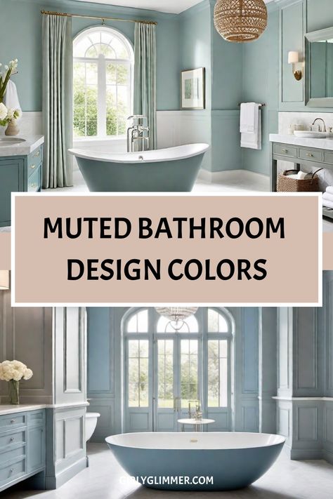 Muted bathroom design colors with a large freestanding bathtub and elegant decor. Muted Bathroom, Fun Bathroom Colors, Spa Paint Colors, Relaxing Bathroom Colors, Bold Bathroom Colors, Trending Bathroom Colors, Bathroom Color Ideas, Vibrant Bathroom, Color Bathroom Design