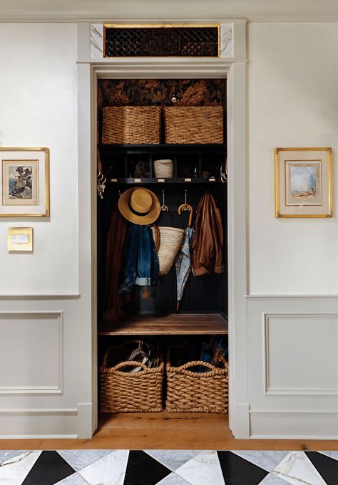 20 Entryway Ideas That Make a Great First Impression Closet To Seating Area, Coat Closet Mudroom Diy, Organized Entry Closet, Entryway Closet Turned Mudroom, Hallway Closet To Mudroom, Entryway Shoe Closet, Coat Closets Entryway, Shoe Storage Mudroom Closet, Coat Closet Decor