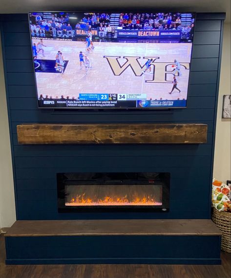 Navy Shiplap Fireplace Wall, Navy Blue Mantle, Navy Blue Shiplap Fireplace, Navy Shiplap Fireplace, Blue Shiplap Fireplace, Fireplace Bump Out Wall, Blue Fireplace Wall, Navy Blue Fireplace, Electric Fireplace With Mantle