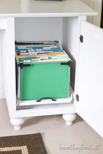 This is about 10 times cuter than a battered old metal cabinet. Diy file cabinet via Beneath My Heart Filing Furniture, Hidden Filing Cabinet, Lateral File Cabinet Diy, Diy Filing Cabinet Ideas, Diy File Drawer, Diy Desk With Filing Cabinets, Diy Filing Cabinet, Custom Filing Cabinet Tool Boxes Homemade, Custom Filing Cabinet Drawer Resizing