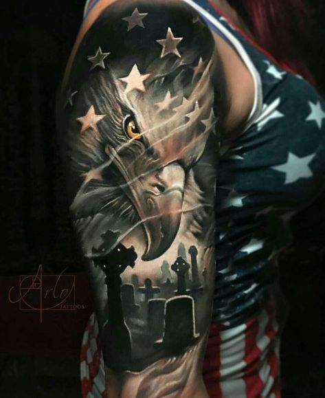 Arlo Tattoo, Military Sleeve Tattoo, American Flag Sleeve Tattoo, Bald Eagle Tattoos, Sleeve Tattoo Designs, Patriotic Tattoos, Army Tattoos, Band Tattoos, Military Tattoos