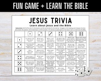 Jesus Trivia Dice GameA Christian icebreaker game + great way to learn/memorize the BibleHave a blast playing this Jesus Trivia dice game. Whether you are looking for a fun icebreaker game for your ministry, trying to teach your kids about Jesus and the Bible, or are trying to learn/memorize more about the Bible yourself, this is a great Christian activity for you. Not only will you have fun with this easy to use Bible game, but you will be reminded of God's truth at the same time. Works great for church, home, adults, kids, women's and men's ministry, youth groups, and anything in between.Answer key included in same formatBlack and white for easing printing. Colored version available in shop.Instant download. No physical product will be shipped. You can download and access your order upon Biblical Games For Adults, Bible Story Games, Christian Games For Youth, Bible Games For Teens, Books Of The Bible Games, Bible Study Kids, Bible Games For Youth, Bible Quiz Games, Men's Ministry