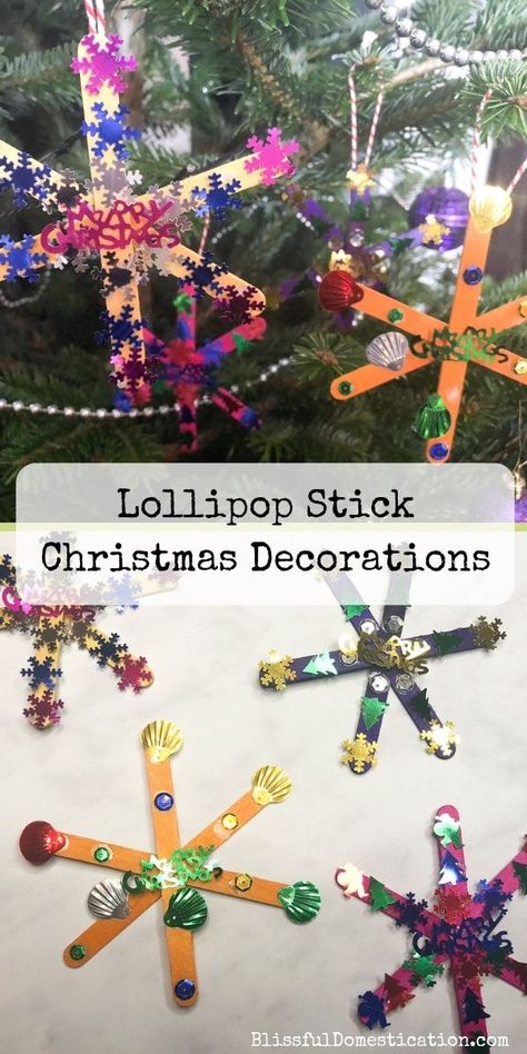 Christmas Decorations Eyfs, Lollipop Stick Craft, Stick Christmas Decorations, Christmas Eyfs, Provocation Ideas, Christmas Fundraiser, Lollipop Craft, Christmas Nursery, Flower Snowflake