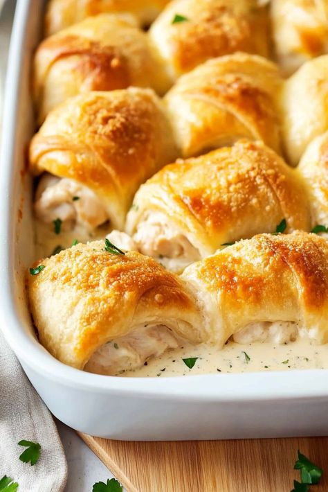 Chicken Crescent Roll Ups - There’s something wonderfully nostalgic about a good Chicken Crescent Roll-Up. Every time I make these, I’m reminded of cozy family dinners, where comfort food took center stage and life felt just a little bit simpler. These roll-ups bring back all those cozy vibes with a modern twist—perfectly creamy, flaky, and Baked Chicken Stuffed Crescent Rolls, Crescent Roll Chicken Roll Ups, Chicken Crescent Roll Ups, Savory Potluck Dishes, Chicken Crescent Roll Recipes, Chicken Roll Recipes, Crescent Roll Dinner, Crescent Roll Ups, Crescent Chicken