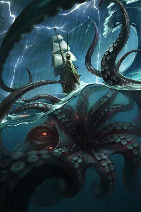 Sea Monster Art, Scary Ocean, Mythical Sea Creatures, Kraken Art, Dark Ocean, Beast Creature, Underwater Art, Octopus Art, Cosmic Horror