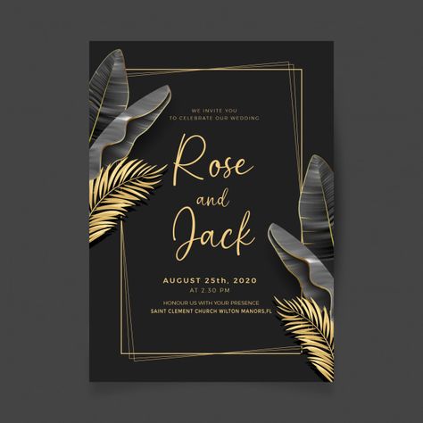 Royal black and golden wedding invitatio... | Premium Vector #Freepik #vector Unique Invitation Card, Gold Wedding Stationery, Engagement Invitation Cards, Watercolor Floral Invitation, Retro Wedding Invitations, Leaf Invitations, Engagement Invitation Template, Floral Wedding Invitation Card, Black Wedding Invitations