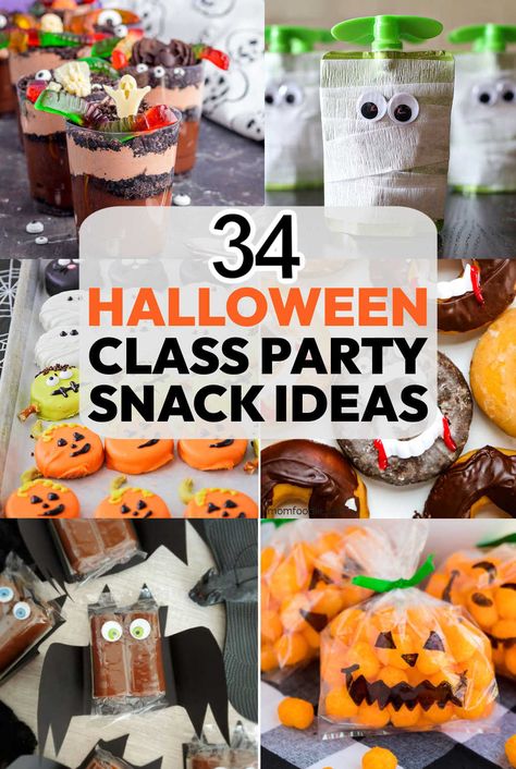 Daycare Halloween Snack Ideas, Halloween Snack For School Party, Halloween Party Treats For School, Halloween Snacks Preschool, Easy School Halloween Treats, Halloween Treats Preschool, Kids Halloween Class Treats, Preschool Halloween Snack Ideas, Halloween Treats For Kids School Bags