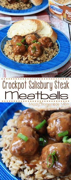 Crockpot Salisbury Steak Meatballs - the perfect weeknight meal! Fresh seasoned ground beef meatballs, slow cooked in a beef gravy, and served over brown and wild rice! @minutericeus RiceMonthWithMinute AD Crockpot Salisbury Steak, Salisbury Steak Crockpot, Frozen Meatball Recipes, Ground Beef Meatballs, Meatball Recipes Crockpot, Salisbury Steak Meatballs, Slow Cooker Salisbury Steak, Seasoned Ground Beef, Meatball Dinner