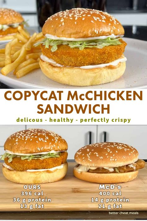 Feel good about trying this copycat McChicken sandwich. With a few simple swaps, you can indulge in your McDonald's favorite without the guilt. Using ground chicken and corn flakes, this healthy twist delivers all the goods. Perfect for the air fryer or oven, what's not to love about crispy chicken with 2.5x the protein and 60% less fat than the fast food version? Chicken Patty Recipes, Mcdonalds Recipes, Ground Chicken Burgers, Chicken And Corn, Mcdonalds Chicken, Crispy Chicken Burgers, Crispy Chicken Sandwiches, Chicken Burgers Recipe, Chicken Sandwich Recipes