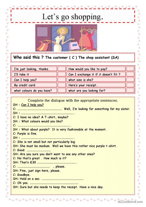 let's go shopping: English ESL worksheets pdf & doc Shopping Dialogue English, Shopping Dialogue, Dialogue Ideas, 6th Grade English, Tenses English, Back To School Quotes, English Quiz, Shopping For Clothes, Learn Japanese Words