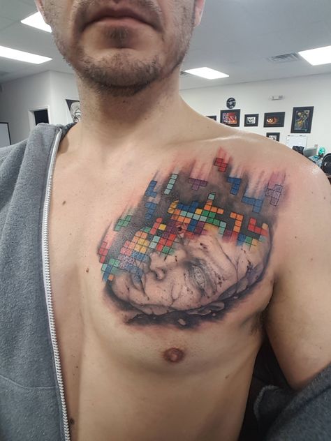 Tetris Head. Thanks to Matt Diana @ Third Eye Tattoo in Urbana Illinois. Tetris Tattoo Ideas, Tetris Tattoo, Third Eye Tattoo, Urbana Illinois, Schaumburg Illinois, Third Eye Tattoos, Chest Tattoos, Spiritual Tattoos, Central Illinois