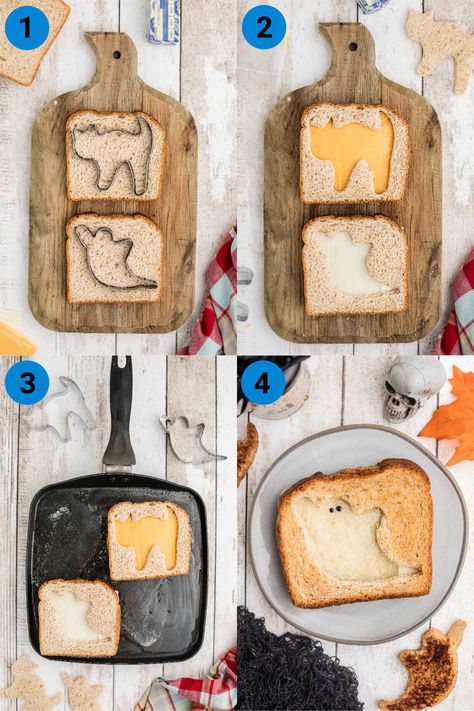 Collage of four images showing how to assemble a halloween grilled cheese sandwich. Halloween Grilled Cheese, Halloween Sandwiches, Easy Halloween Snacks, Honey Wheat Bread, Halloween Snack, Grilled Cheese Sandwiches, Honey Wheat, Potato Bread, American Cheese