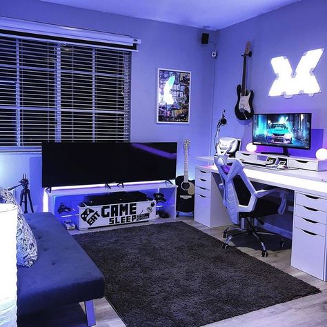 Rockstar 🤘 What's your favourite thing about this setup? 🤔 🖥 Setup Inspiration, Boys Game Room, Gamer Bedroom, Small Game Rooms, Computer Gaming Room, Video Game Room Design, Boy Bedroom Design, Video Game Rooms, Bedroom Setup