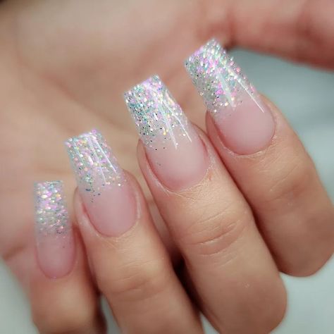 Acrylic Craftsmanship in Ombré Glitter Nails: 27 Latest Glitter Ombré Nail Designs To Try In ... Sparkly White French Tip Nails Coffin, Neutral Nails Glitter Accent, Glitter Ombre Nails Square, Ombré Nail Designs, Ombré Glitter Nails, Sparkly Ombre Nails, Glitter Fade Nails, Grad Nails, Cowboy Nails