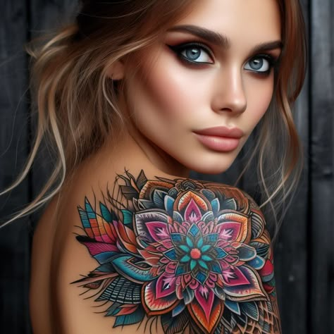 Feminine Tattoos In a world where societal norms and media influences have long dictated unrealistic beauty standards, women are increasingly turning to Back Mandala Tattoo For Women, Colorful Shoulder Tattoo, Colorful Tattoos For Women, Mandala Shoulder Tattoo, Bright Colorful Tattoos, Colorful Mandala Tattoo, Coolest Tattoos, Coverup Ideas, Mandala Tattoos For Women