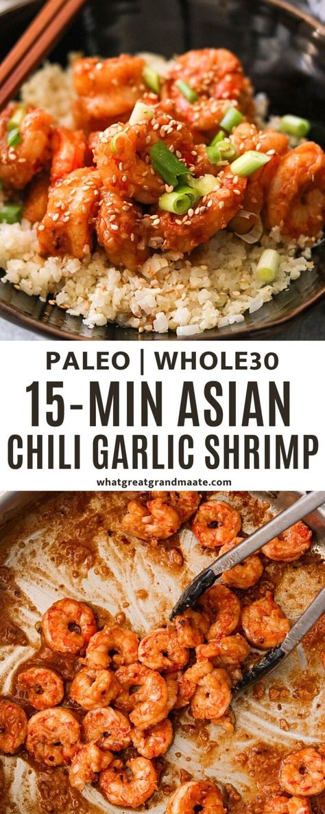 Quick & flavorful Asian chili garlic shrimp recipe! Easy pan fried shrimp are coated in a lightly sweetened savory chili sauce, and comes together in just 15 minutes. Keto Asian Shrimp Recipes, Whole 30 Shrimp Recipes, Paleo Shrimp Recipes, Whole 30 Shrimp, Asian Shrimp Recipes, Chili Garlic Shrimp Recipe, Shrimp Recipe Easy, Chili Garlic Shrimp, Shrimp Paleo