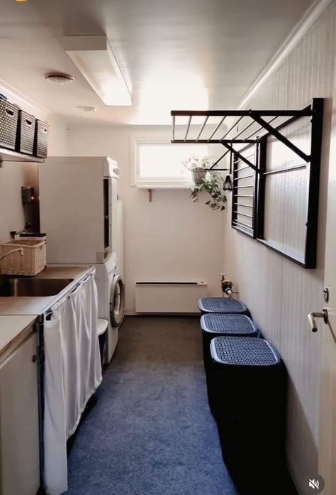 Laundry With Hanging Space, Utily Room Small Laundry, Hanging Clothes To Dry Inside, Dry Clothes Outside Ideas, Laundry Hanging Ideas, Basement Laundry Area, Simple Laundry Room, Outdoor Laundry Rooms, Laundry Chute