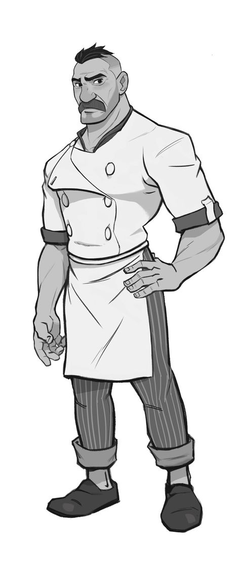 Chef Drawing Reference, Character Design Big Man, Apron Character Design, Cartoon Chef Character Design, Dnd Chef Character, Barista Character Design, Male Chef Character Design, Shop Keeper Character Design, Chef Concept Art