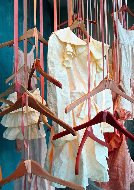 Like the idea of ribbons holding hangers to display clothes in a window. So many possibilities. Display Clothes, Store Window Displays, Clothing Displays, Retail Windows, Store Windows, Store Window, Window Dressing, Creative Display, Window Dressings